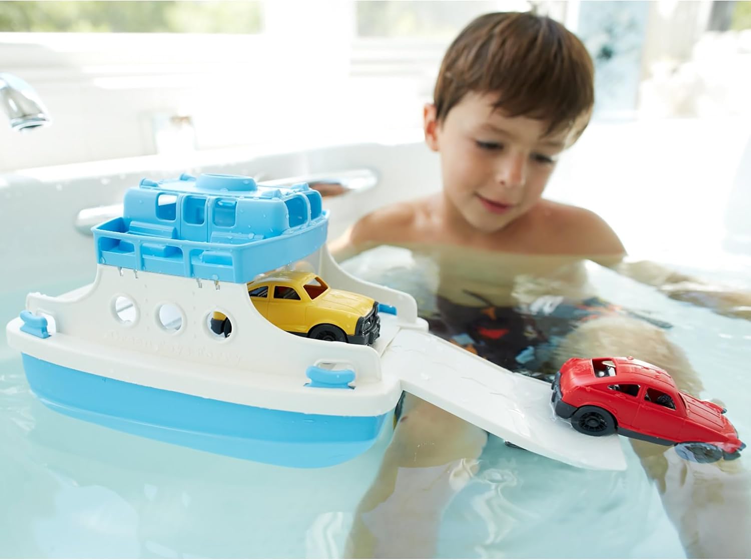 Green Toys Ferry Boat with Mini Cars Bathtub Toy, Blue/White, Standard - Image 2