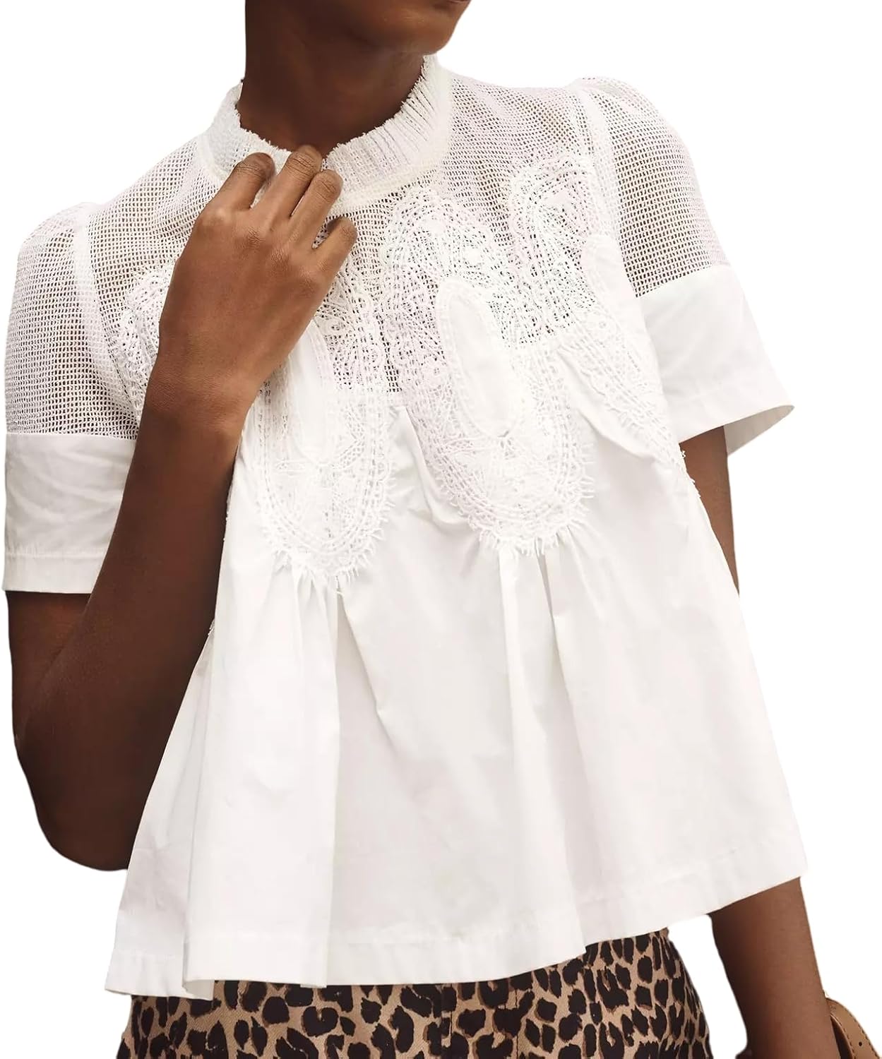VAOYIU Women Lace-Detail Flared Blouse
