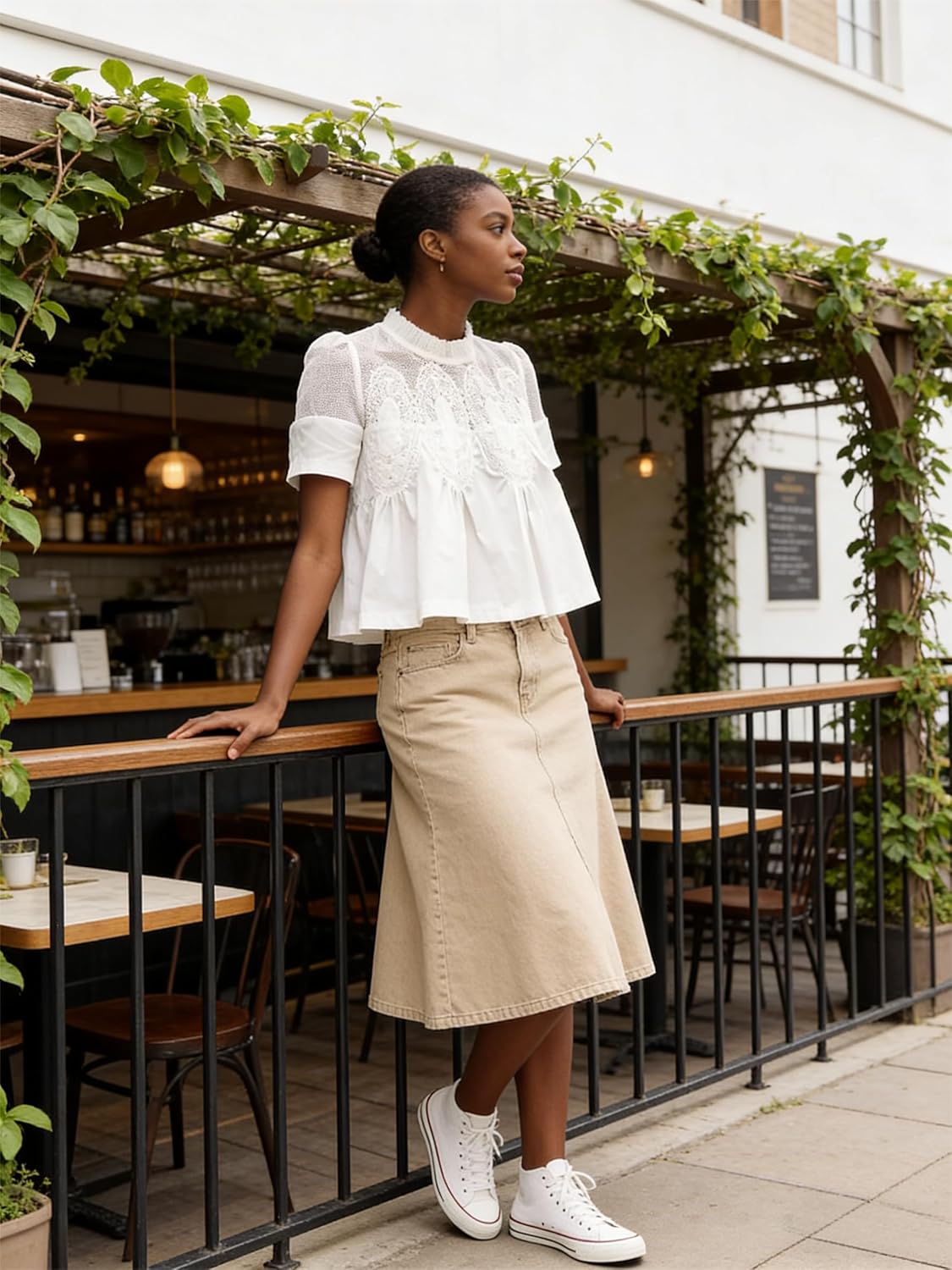 VAOYIU Women Lace-Detail Flared Blouse