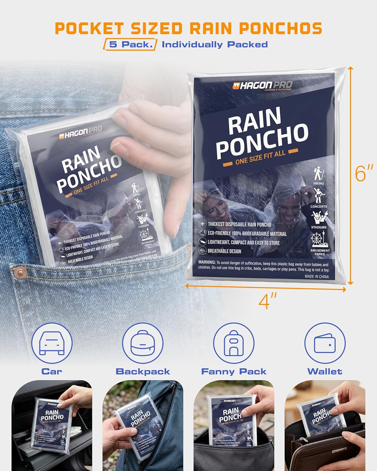 Hagon PRO Disposable Rain Ponchos for Adults (5 Pack) - Image 2