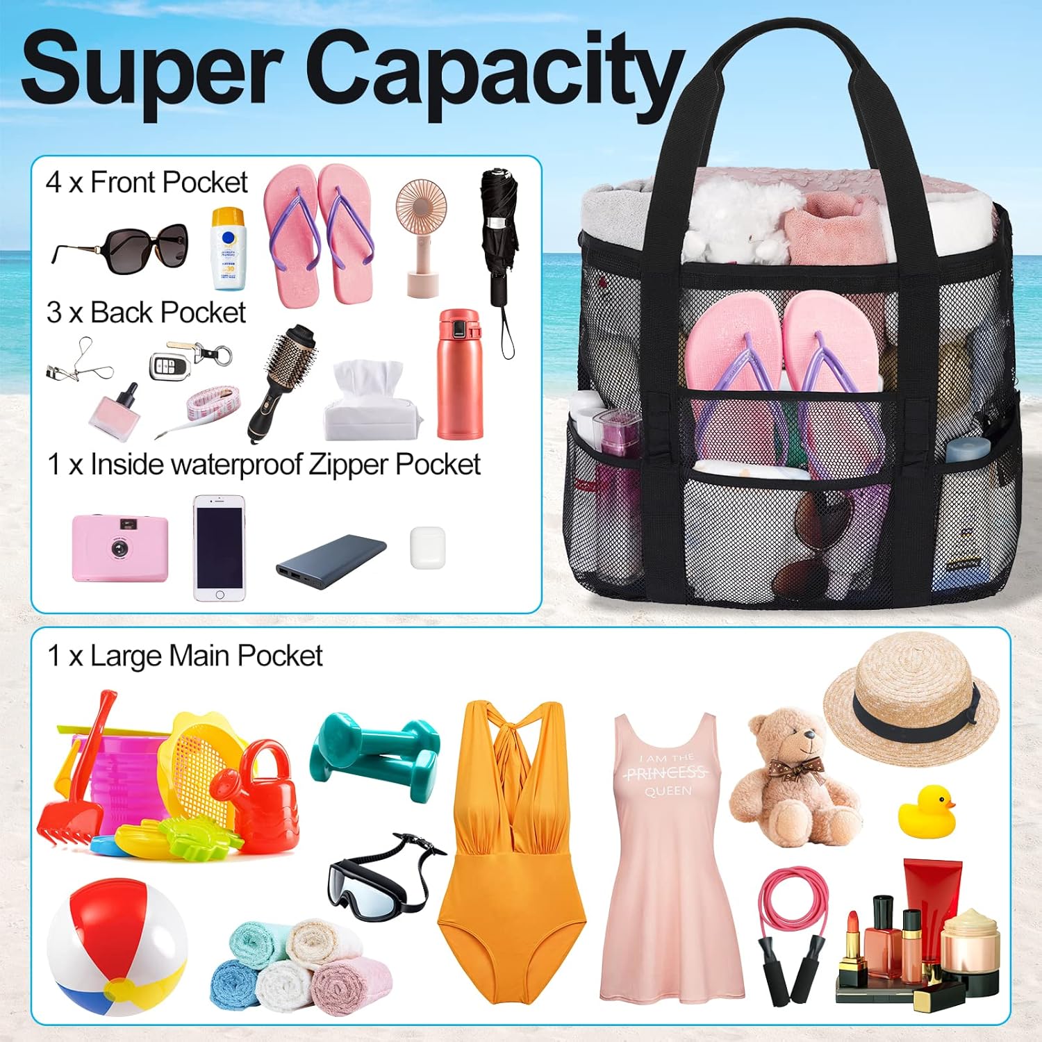 Mesh Beach Bags for Women - Plus Waterproof Sandproof Tote Bag - Image 5