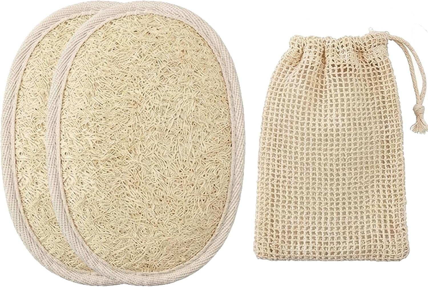 Natural Loofah Back Scrubber for Shower for Men and Women, Exfoliating Loofah Sponge with Soap Saver (2Pads+1Bag)