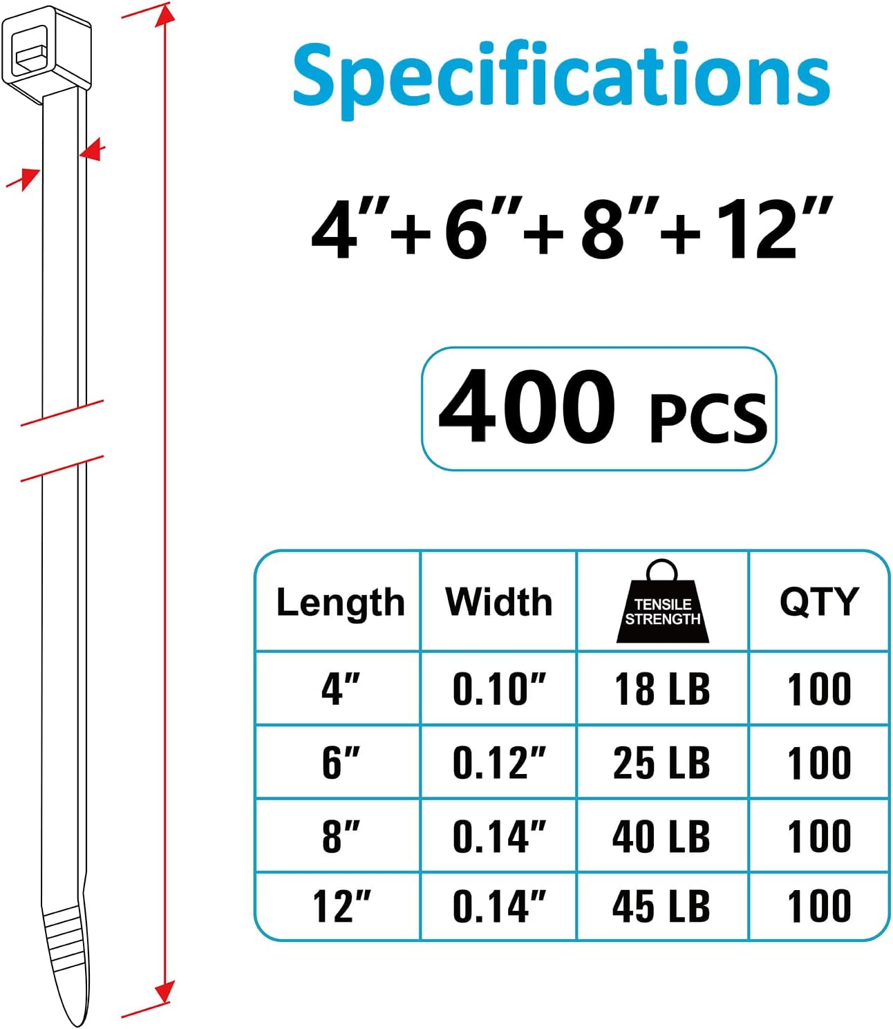 Zip Ties Assorted Sizes, 400