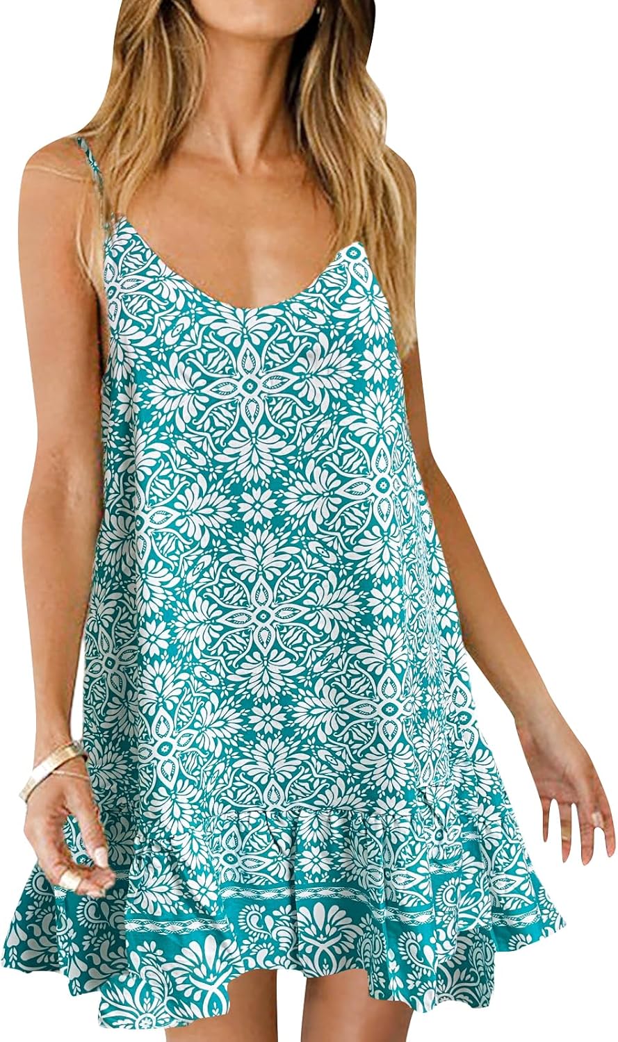 Qearal Womens Sundresses Boho Floral Printed Dress Summer Sleeveless Beach Mini Dress with Pockets