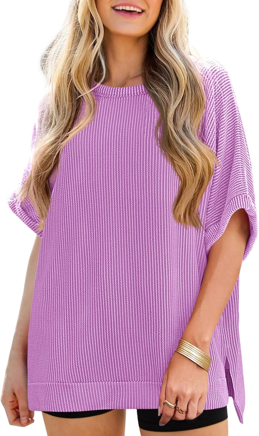 Tankaneo Womens Oversized T Shirts Summer Casual Ribbed Batwing Short Sleeve Tunic Tops Loose Fit Dolman Sleeve Tees