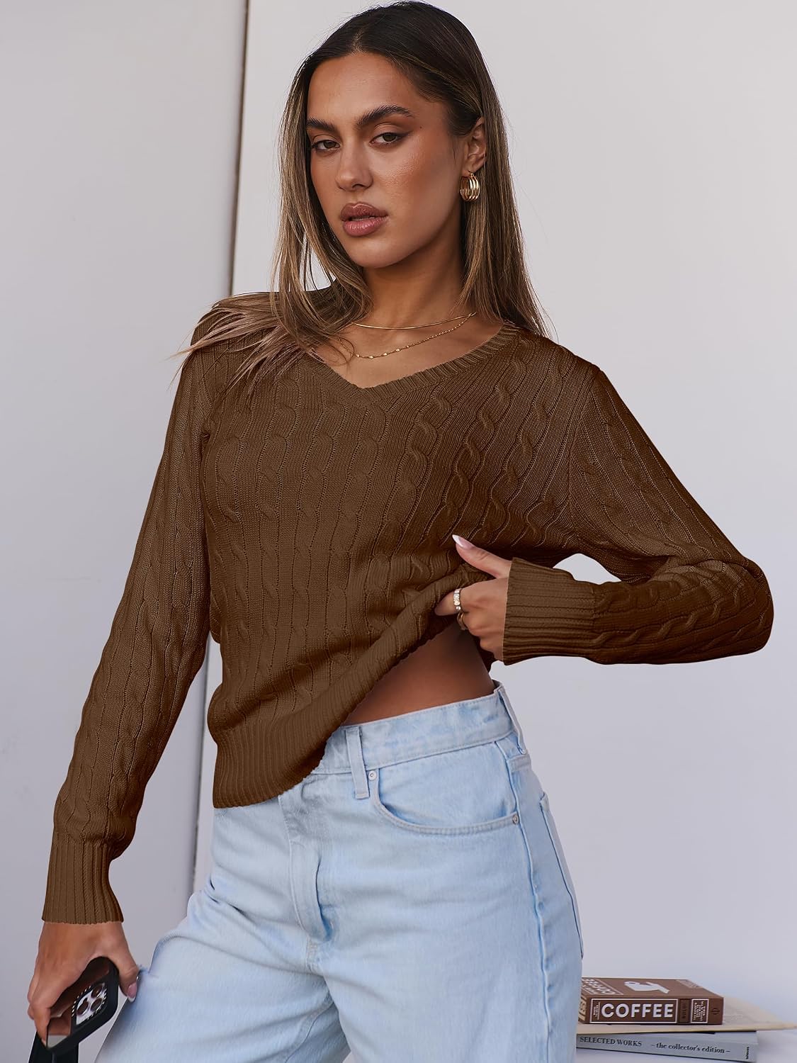 ANRABESS Women's Cable Knit V