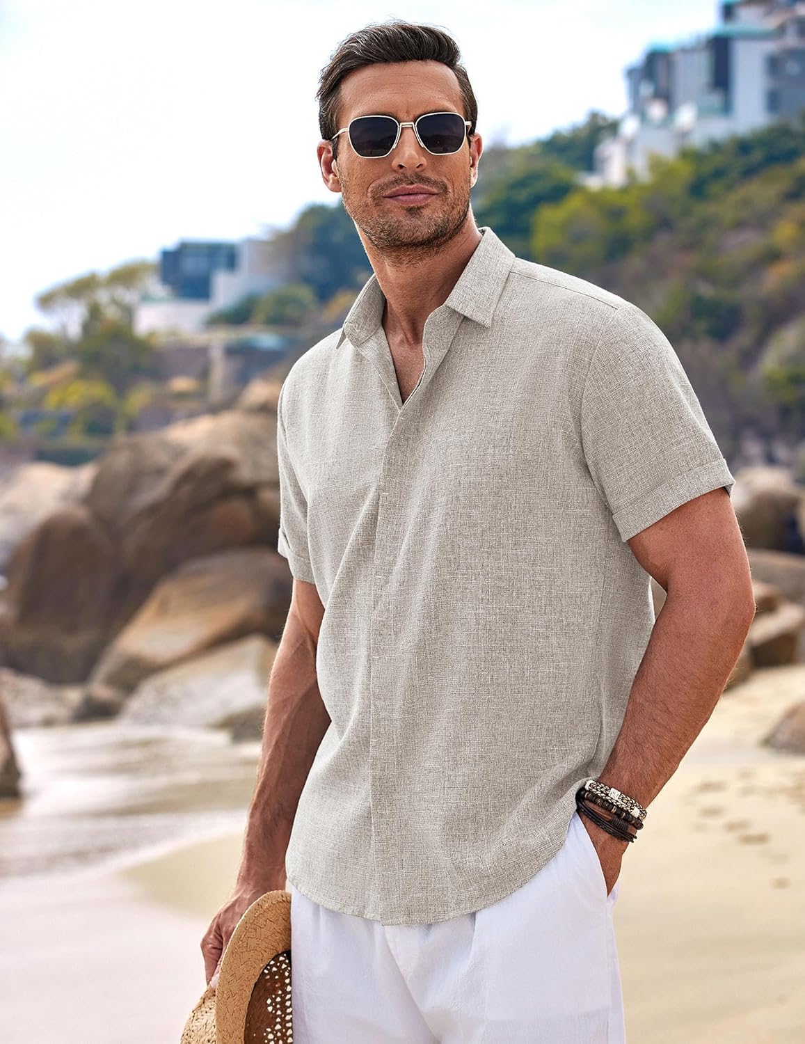 COOFANDY Men's Linen Shirts Short