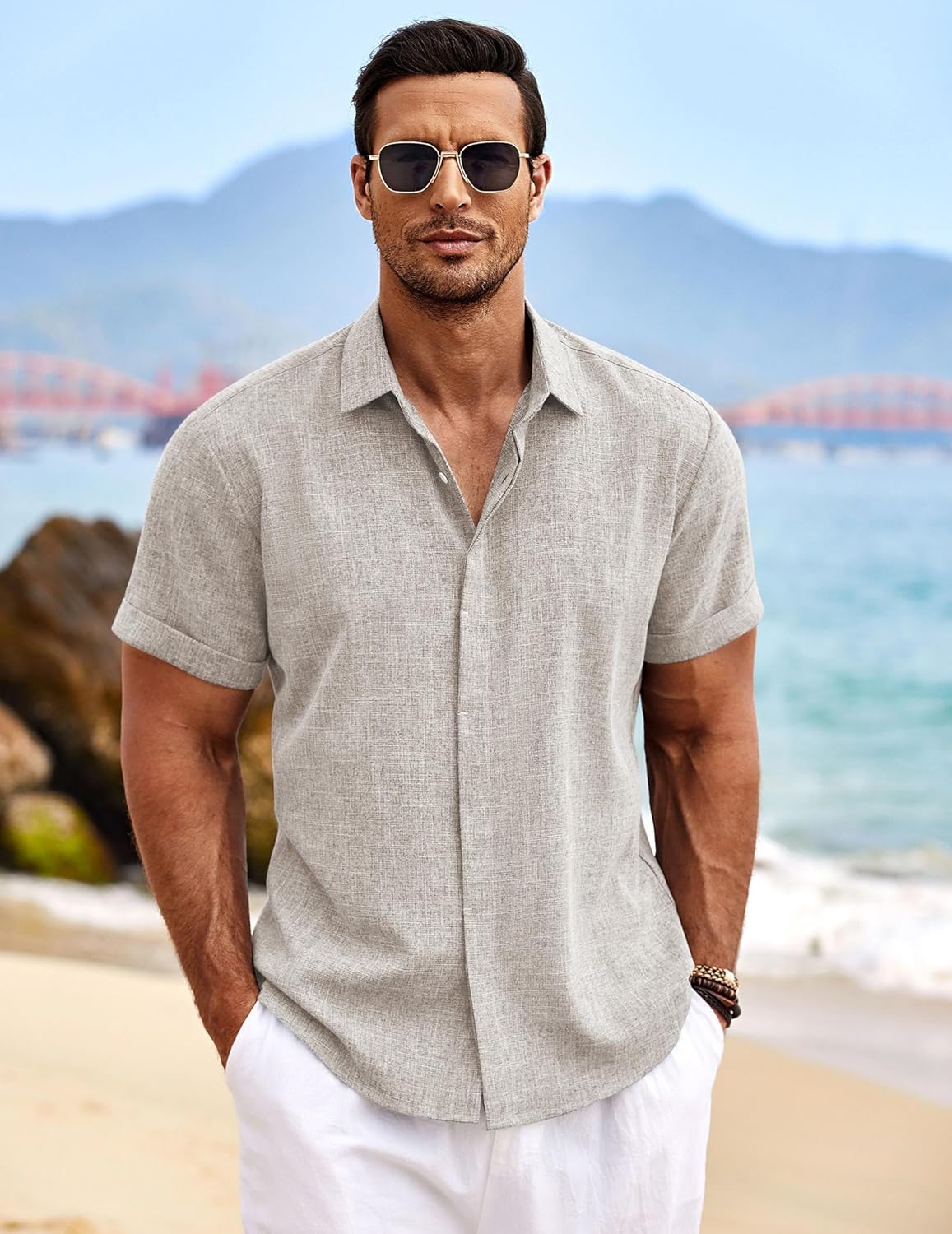 COOFANDY Men's Linen Shirts Short