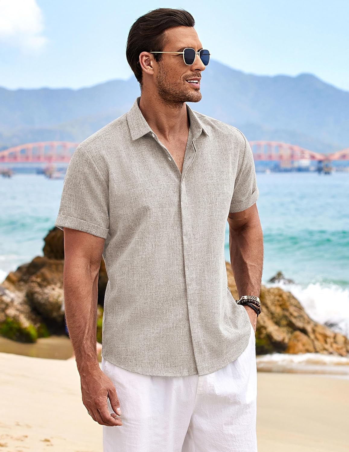 COOFANDY Men's Linen Shirts Short