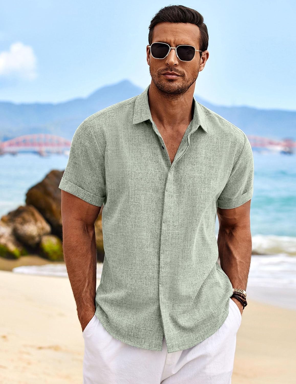 COOFANDY Men's Linen Shirts Short