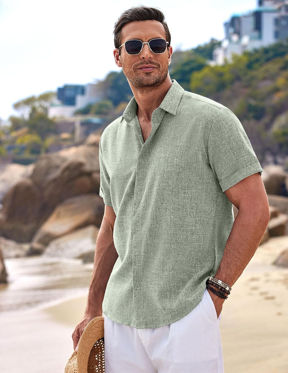 COOFANDY Men's Linen Shirts Short