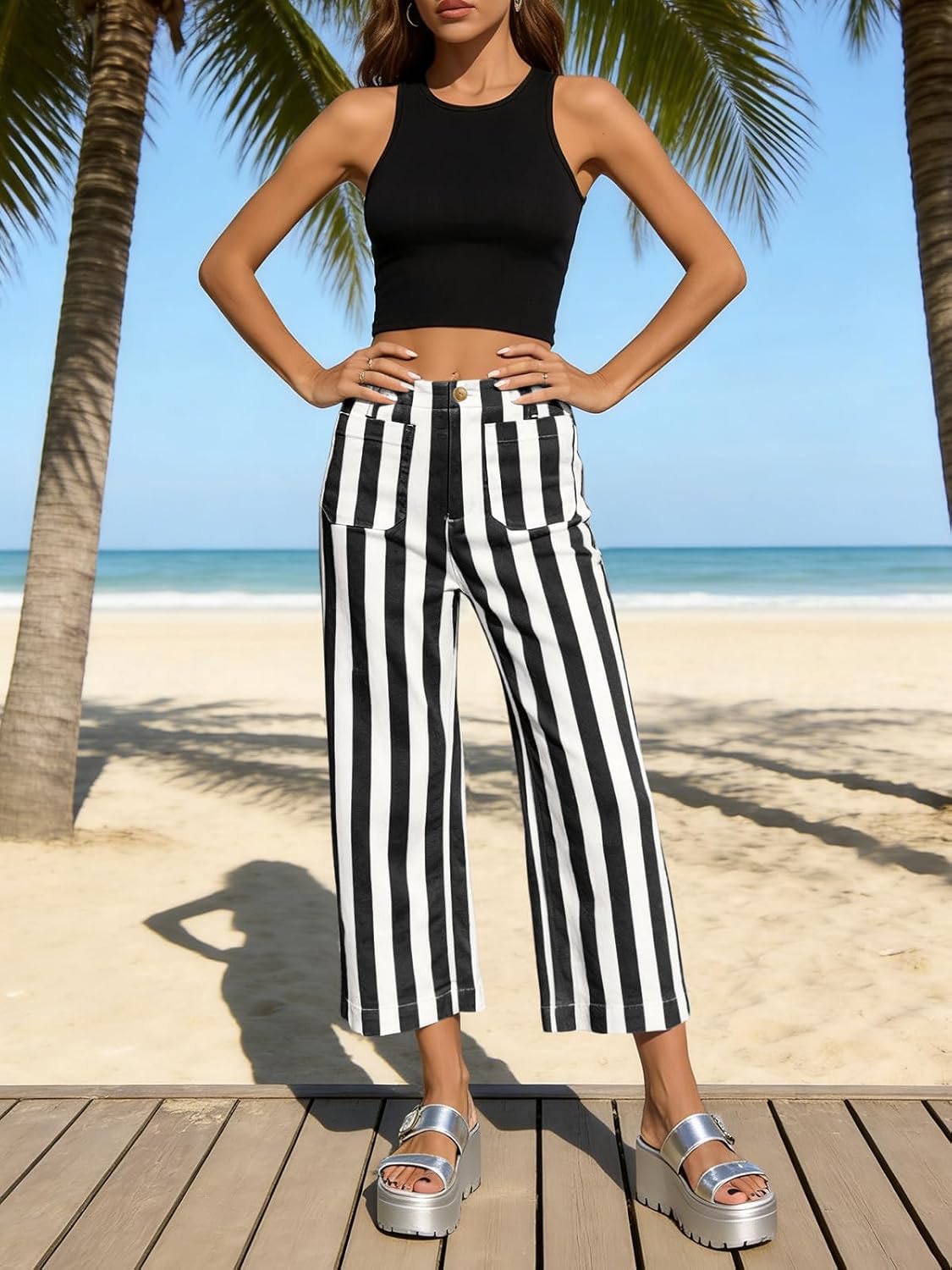 Tankaneo Womens Cropped Striped Jeans