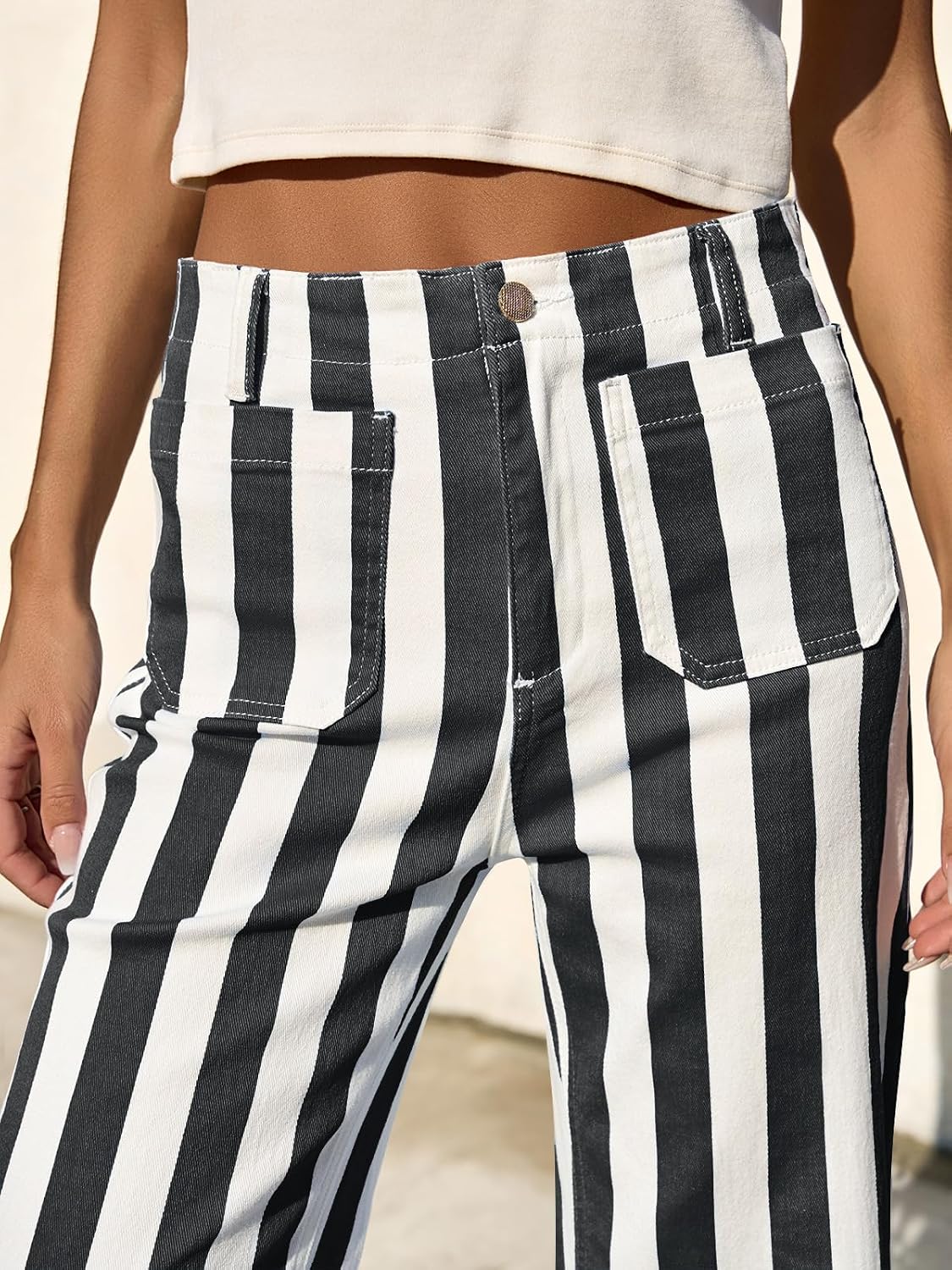 Tankaneo Womens Cropped Striped Jeans
