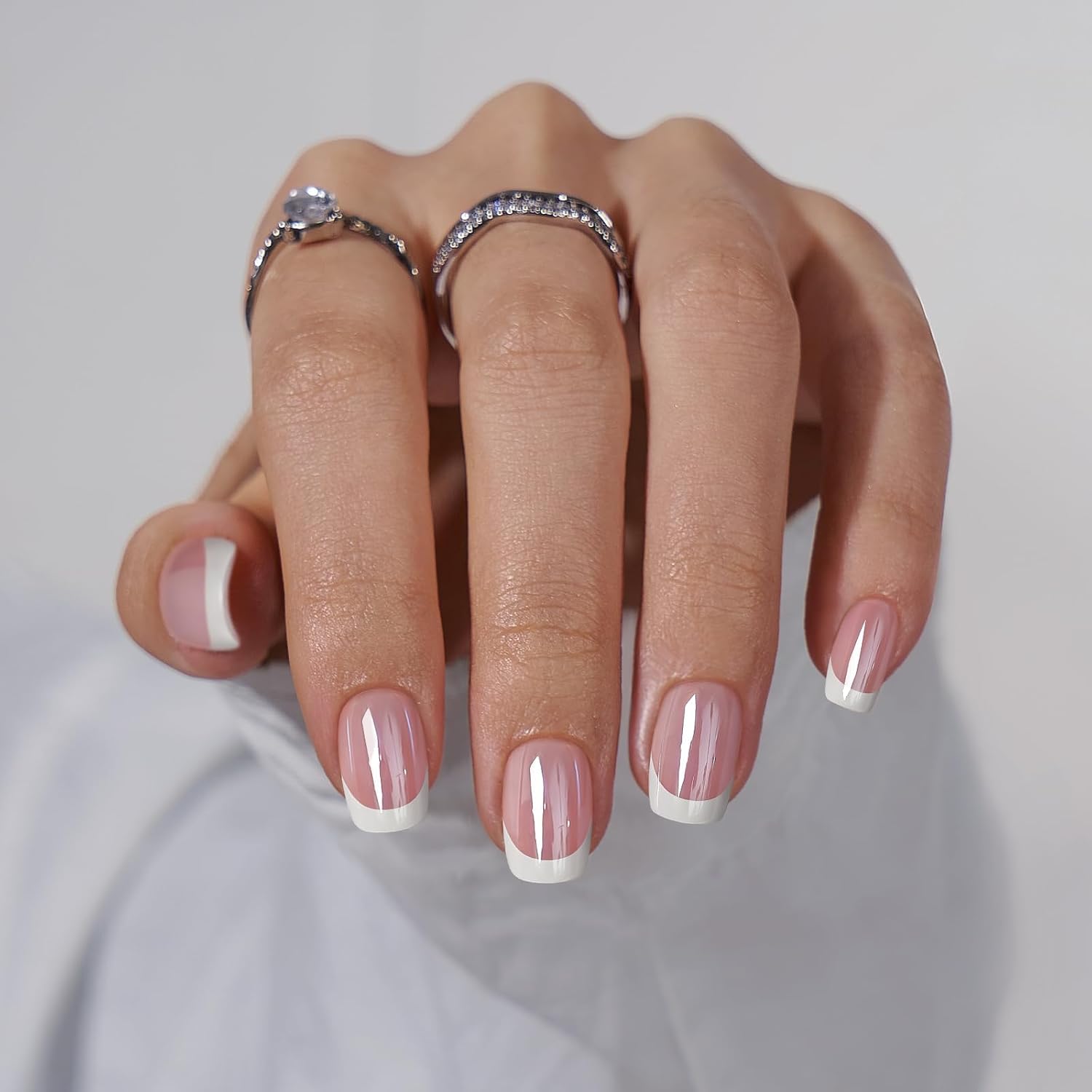 BTArtbox Press On Nails, Be Elegant, Short Square, White French Tip, 32Ct | 2+ Weeks Wear, Salon-Quality Natural Nails, 10-Minute Easy Daily Application, Fast Removal, 16 Sizes, All-in-One Complete Kit