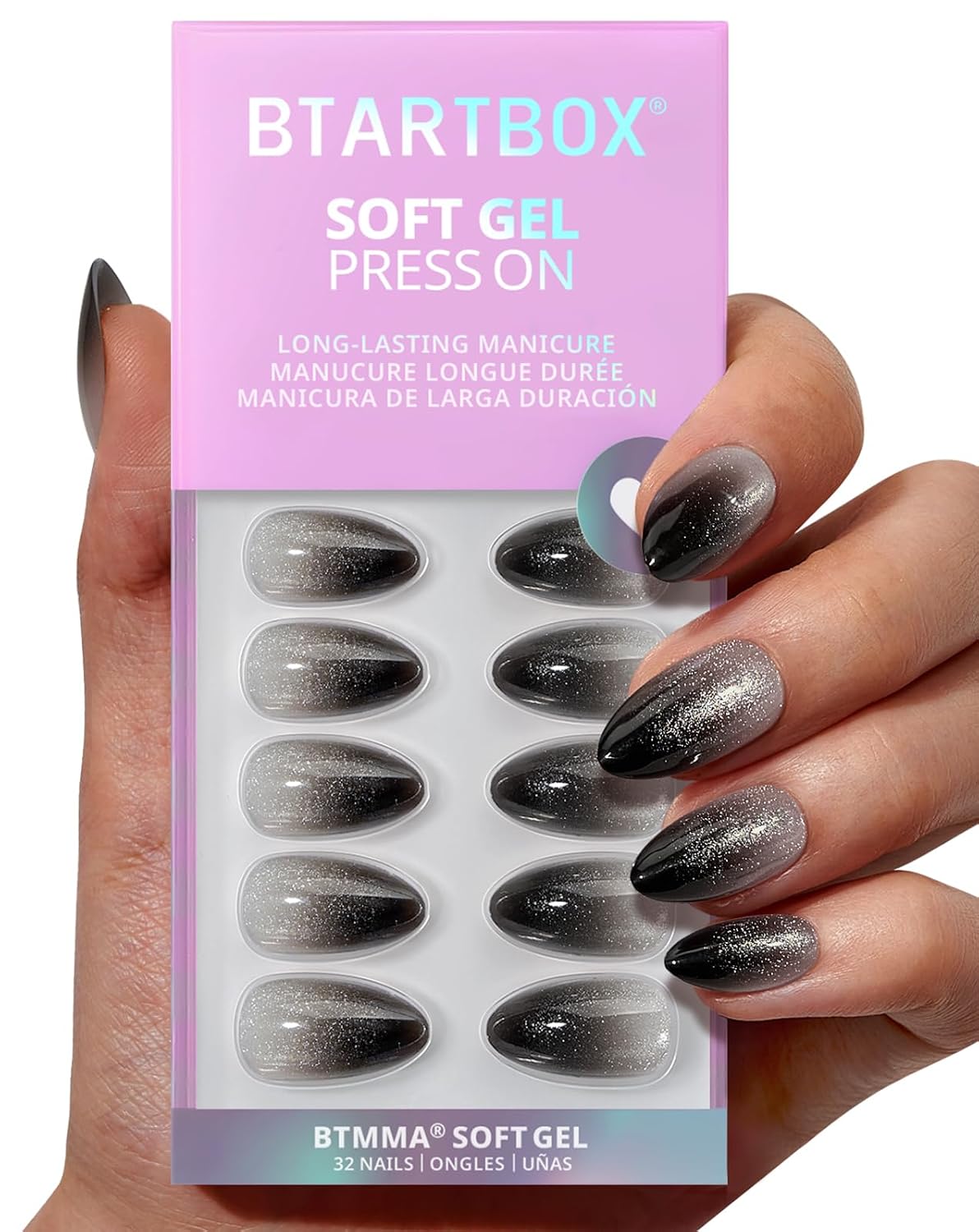 BTArtbox Press On Nails, Grave Shine, Short Almond, Sparkle Black, 32Ct | 2+ Weeks Wear, Salon-Quality Natural Nails, 10-Minute Easy Daily Application, Fast Removal, 16 Sizes, All-in-One Complete Kit