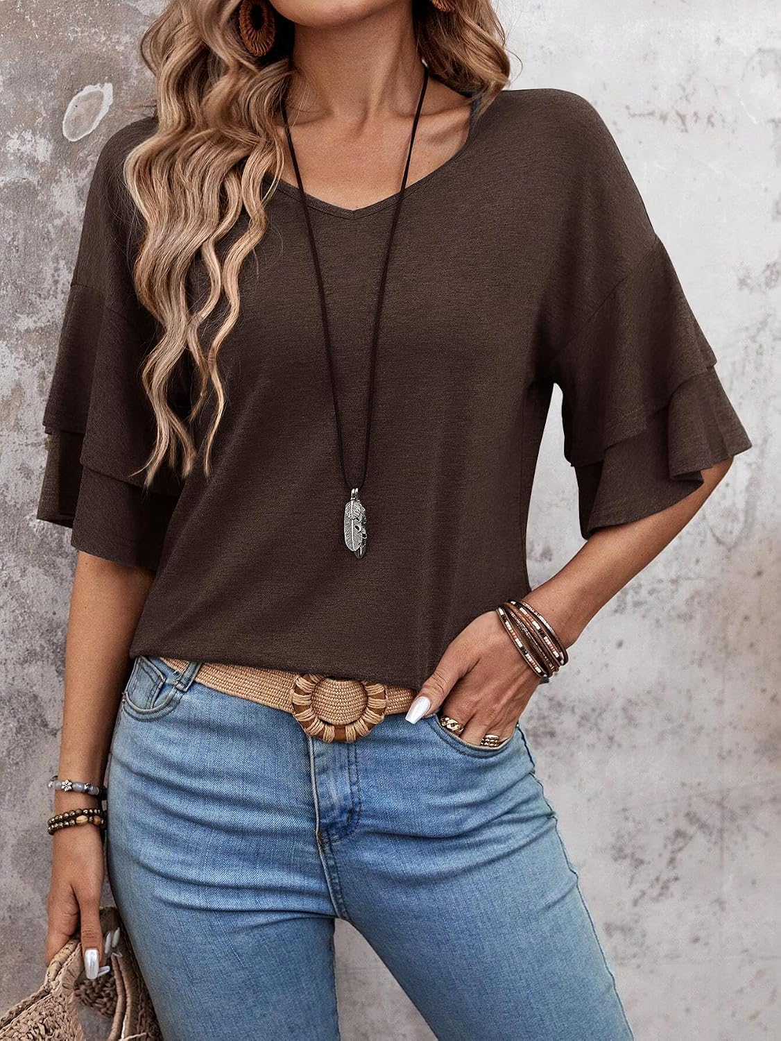 3/4 Length Sleeve Tops Womens