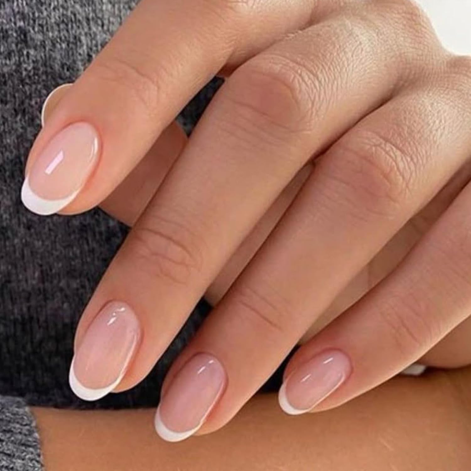modelones French Tip Press On Nails, Short Oval Fake Nails Nails Press Ons | with Nail Glue, Adhesive Tabs, Nail File, Prep Pad, Manicure Stick, 32Pcs 16 Sizes, Nude, Fall Women Girl Gift
