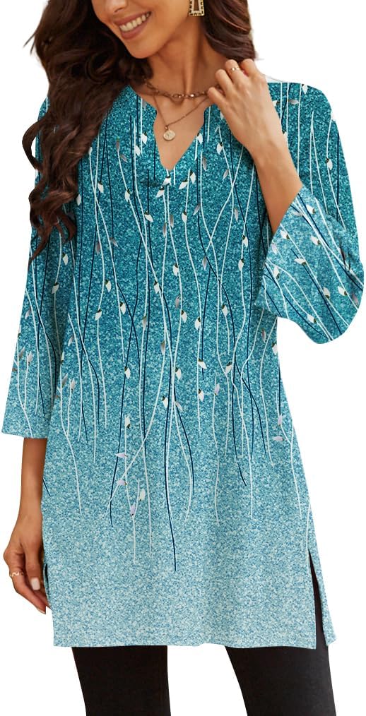 Poetsky 3/4 Length Sleeve Womens Tops Dressy Casual Tunics for Leggings | Side Slit Top, Cute Bell Sleeve Tee,V Neck Ladies Blouses,Soft & Comfy, Business Casual,Work Wear,Teacher Outfits，S-3X