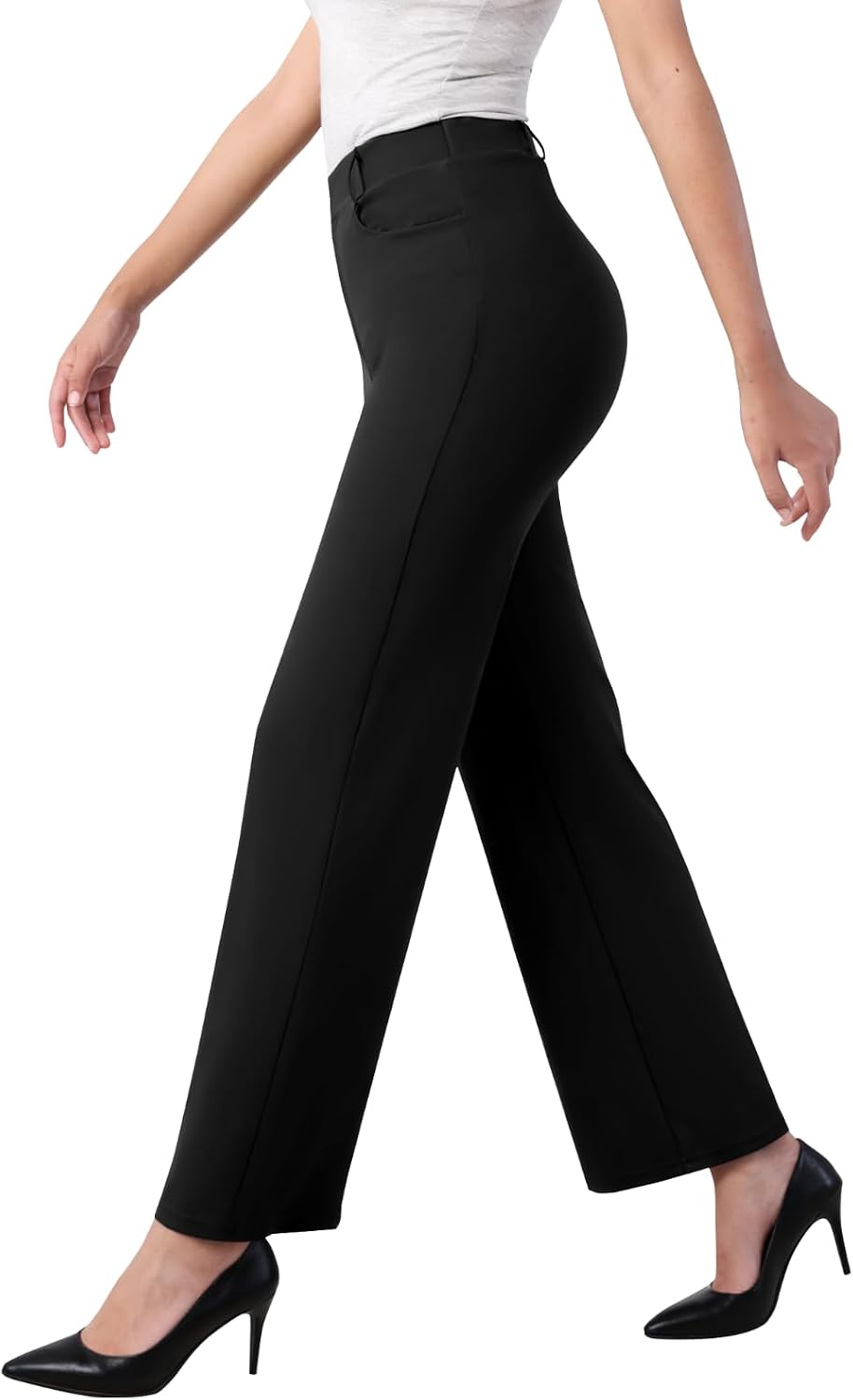 Womens Wide Leg Dress Pants Stretch Work Slacks with Pockets | 4-way Stretch, Faux Fly, Wrinkle Resistant, High Waist Pull-On fit for Office, Business Casual, Interview, Travel, Daily Wear