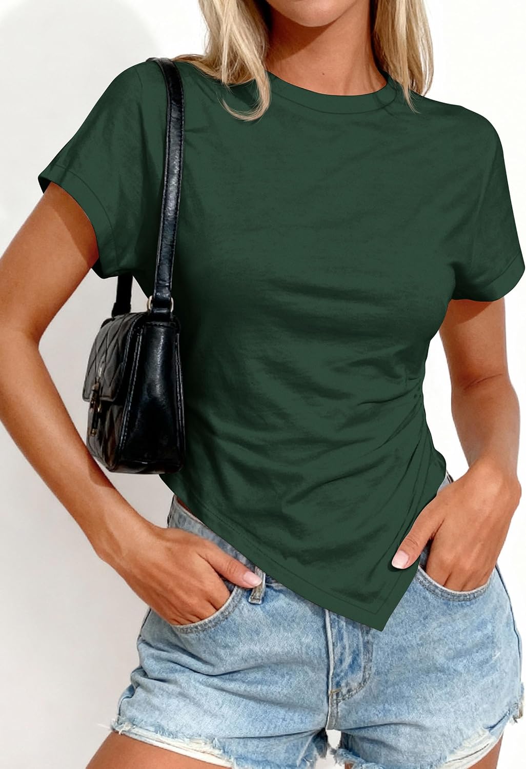 PRETTYGARDEN Womens Asymmetrical Summer Short Sleeve Tops - Image 2