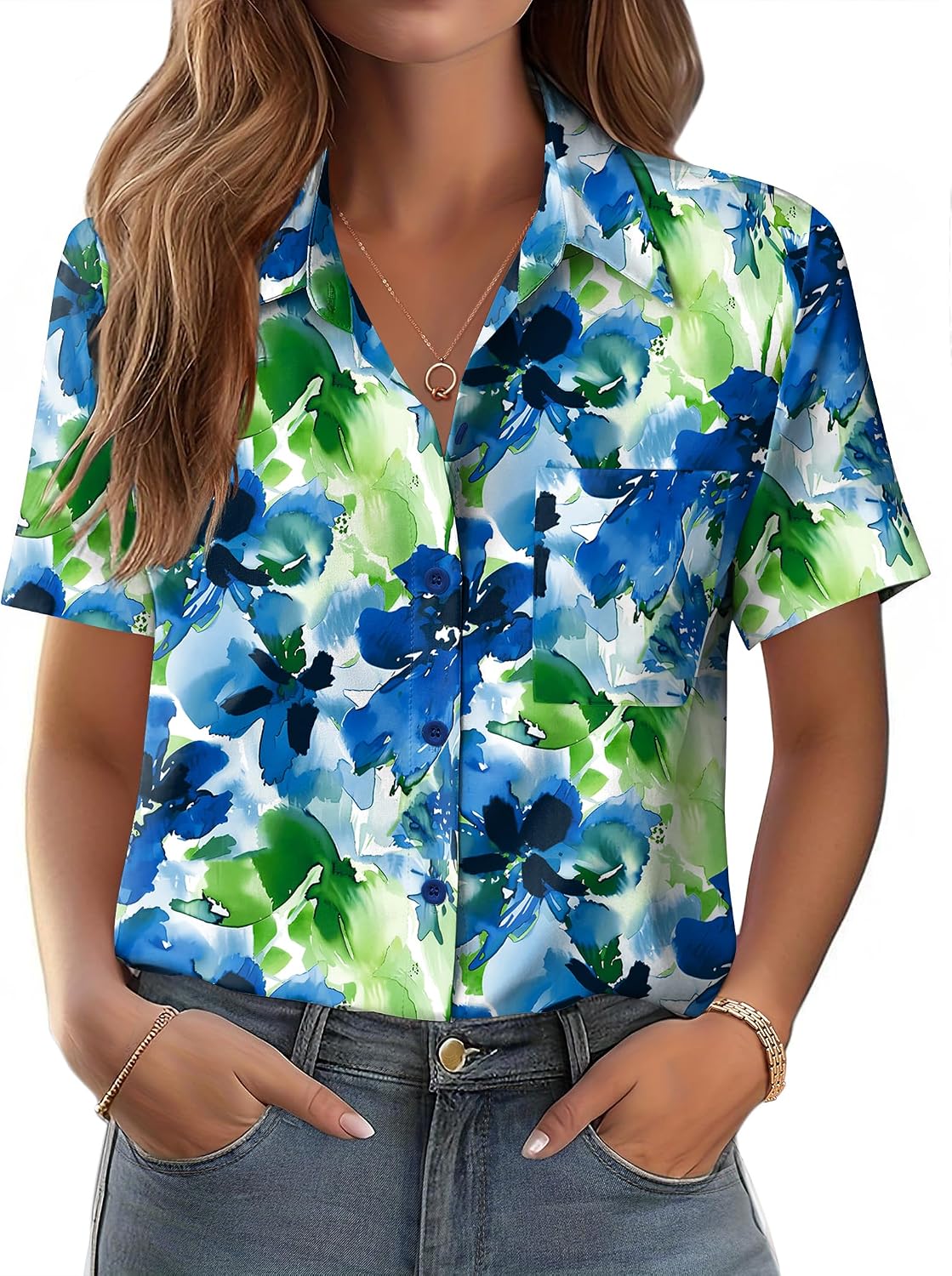 Zeagoo Womens Button Down Shirt Bust Pocket Short Sleeve Blouses Summer Top