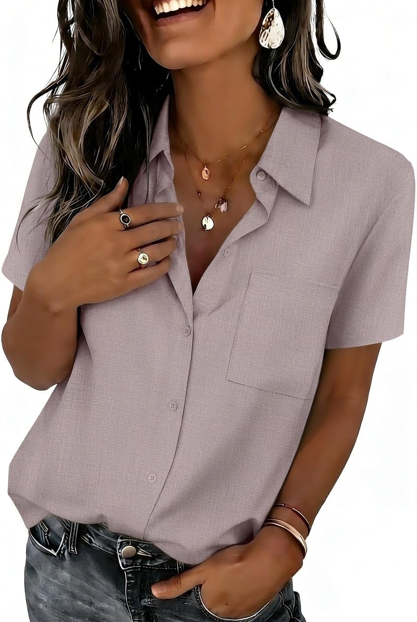 Zeagoo Summer Tops for Women Short Sleeve Button Down Shirt V Neck Blouse