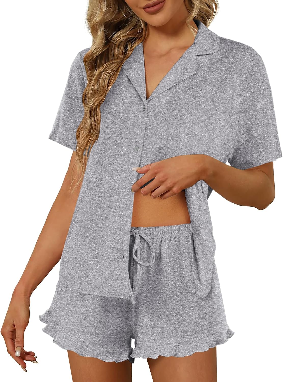 Ekouaer Pajamas Set for Women Short Sleeve Sleepwear Button Down Ruffle Pjs