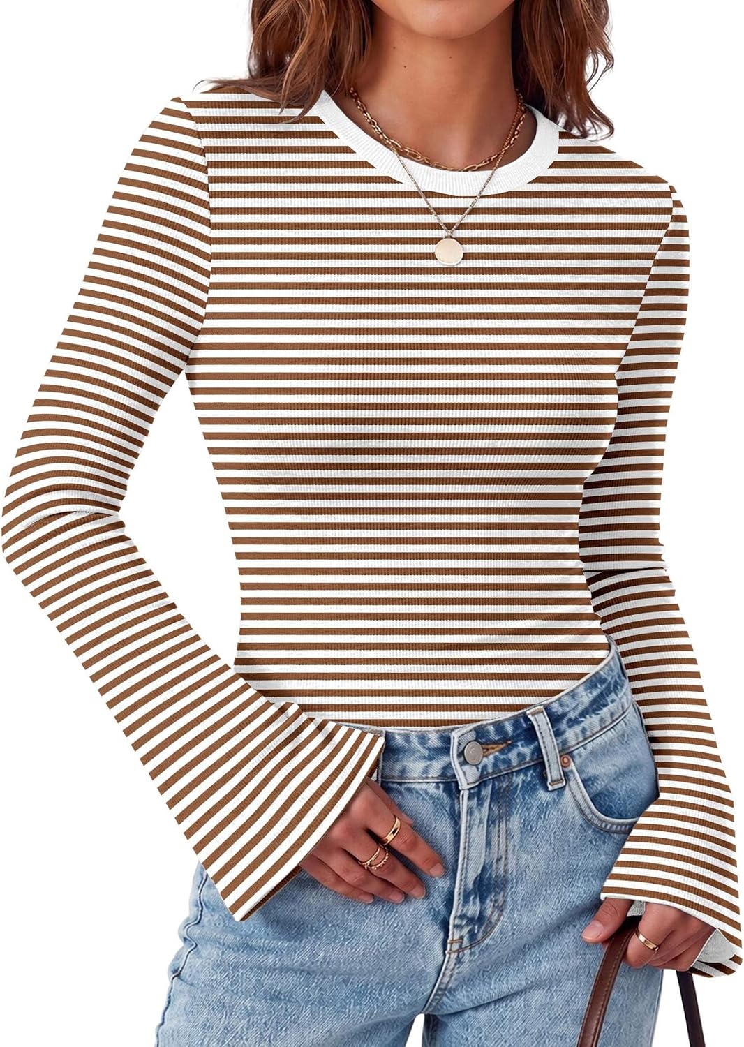 Zeagoo Womens Bell Long Sleeve Tops Crewneck Ribbed Knit Shirts - Image 2