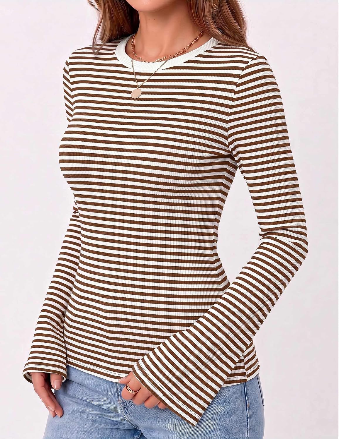 Zeagoo Womens Bell Long Sleeve Tops Crewneck Ribbed Knit Shirts - Image 6