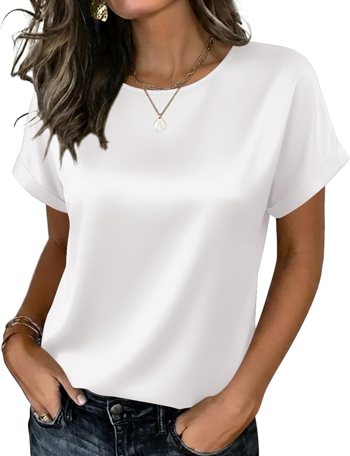 Zeagoo Satin Silk Blouses Short Sleeve Crewneck Top for Women Dressy Casual