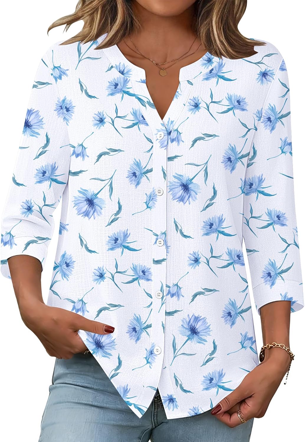 Zeagoo Button Down Shirts for Women 3/4 Sleeve Linen Cotton Top Work Blouse