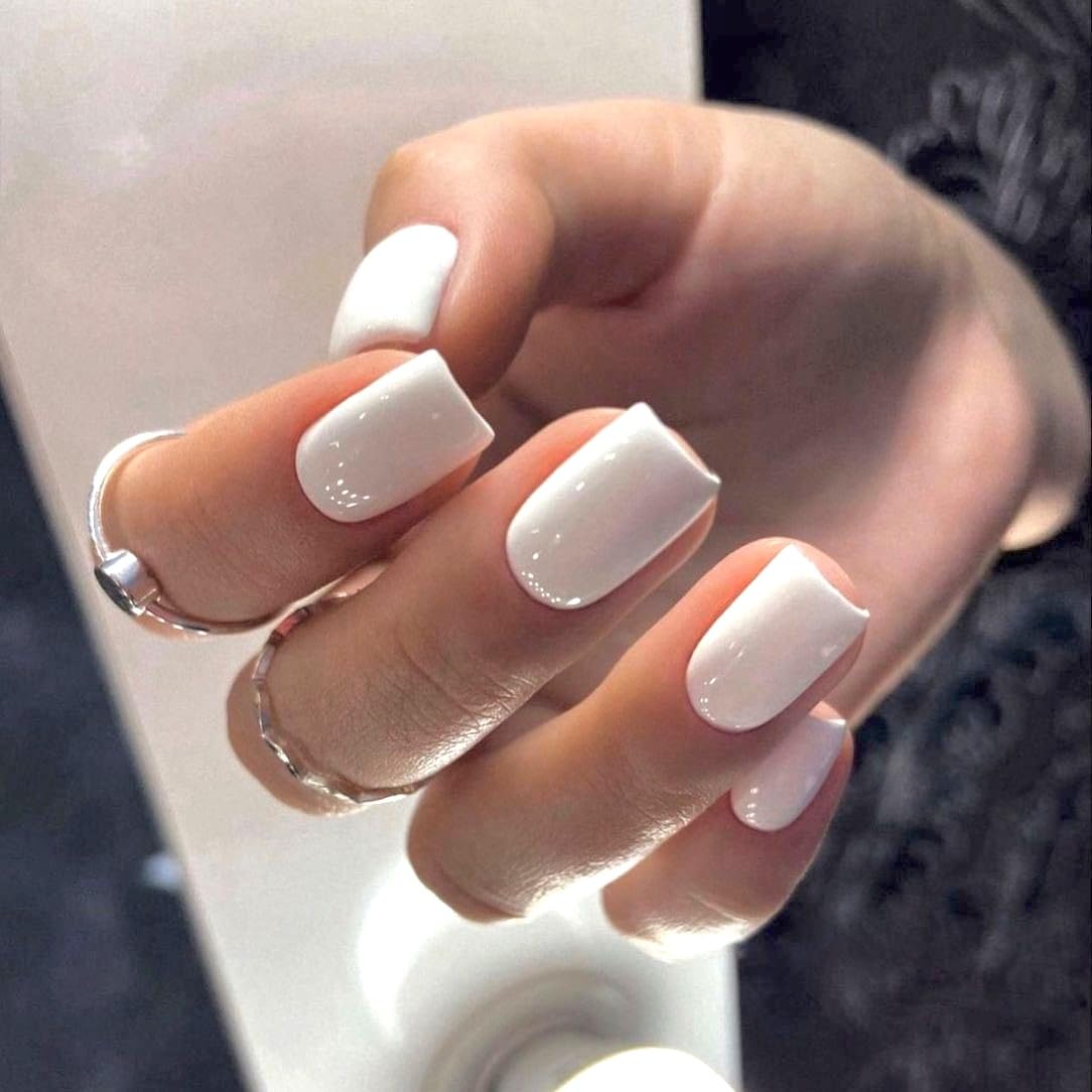 Modelones Pure White Press on Nails Short Square 32Pcs 16 Sizes Fake Nails