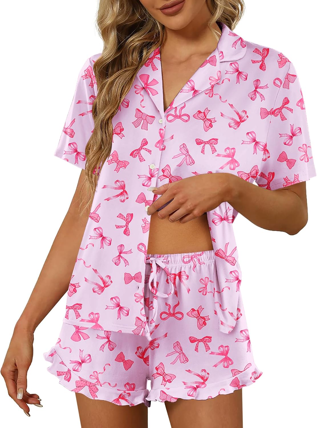 Ekouaer Pajamas Set for Women Short Sleeve Sleepwear Button Down Ruffle Pjs