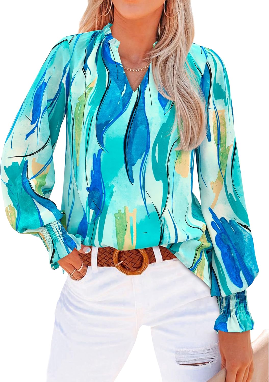 MASCOMODA Womens Boho Floral Long Sleeve Loose Chiffon Blouses