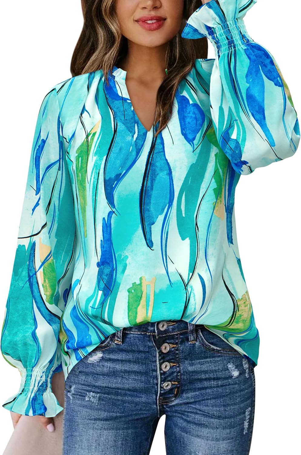 MASCOMODA Womens Boho Floral Long Sleeve Loose Chiffon Blouses - Image 3