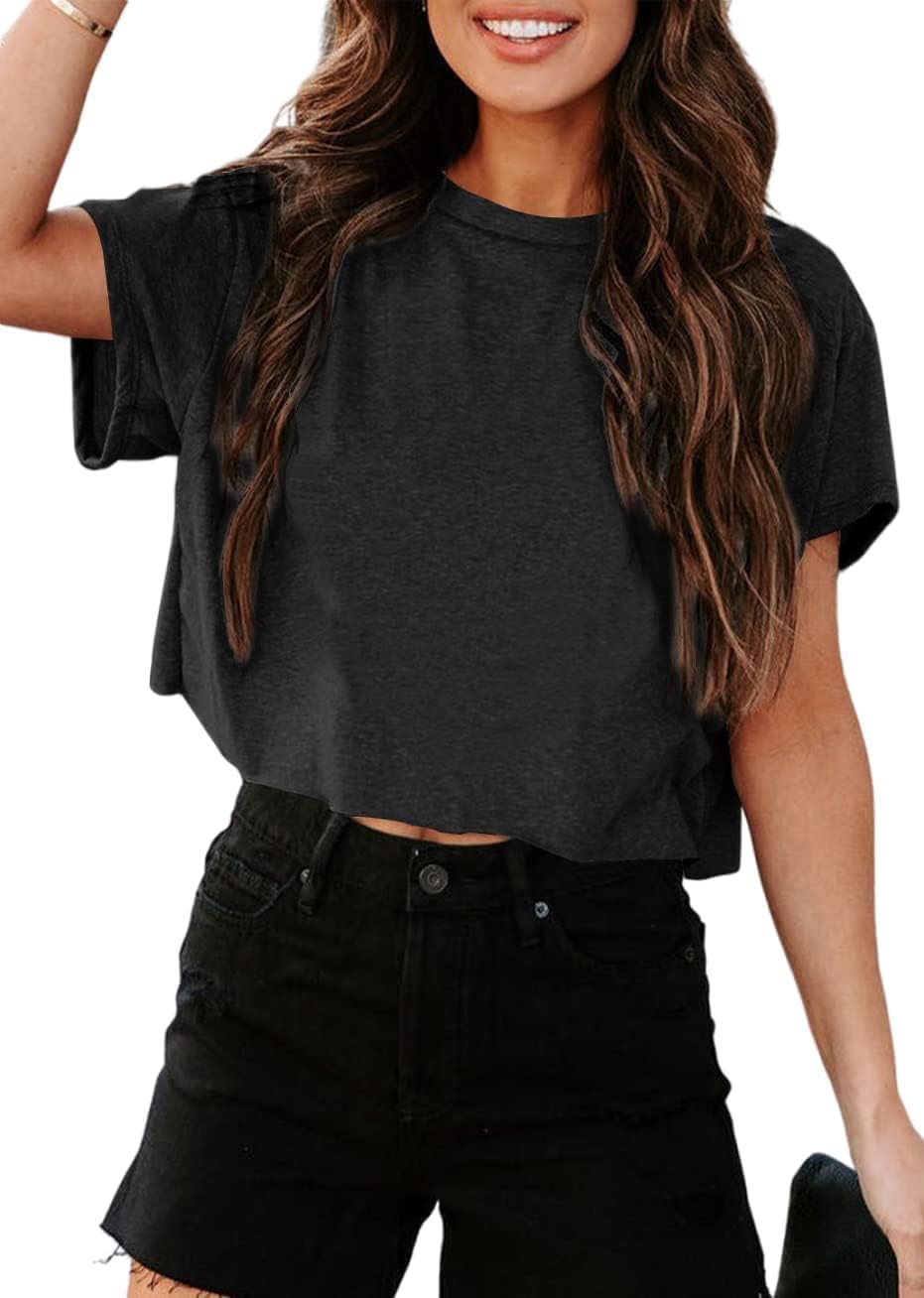 Tankaneo Women Short Sleeve Cropped T-Shirts Crew Neck Top Summer Basic Tee