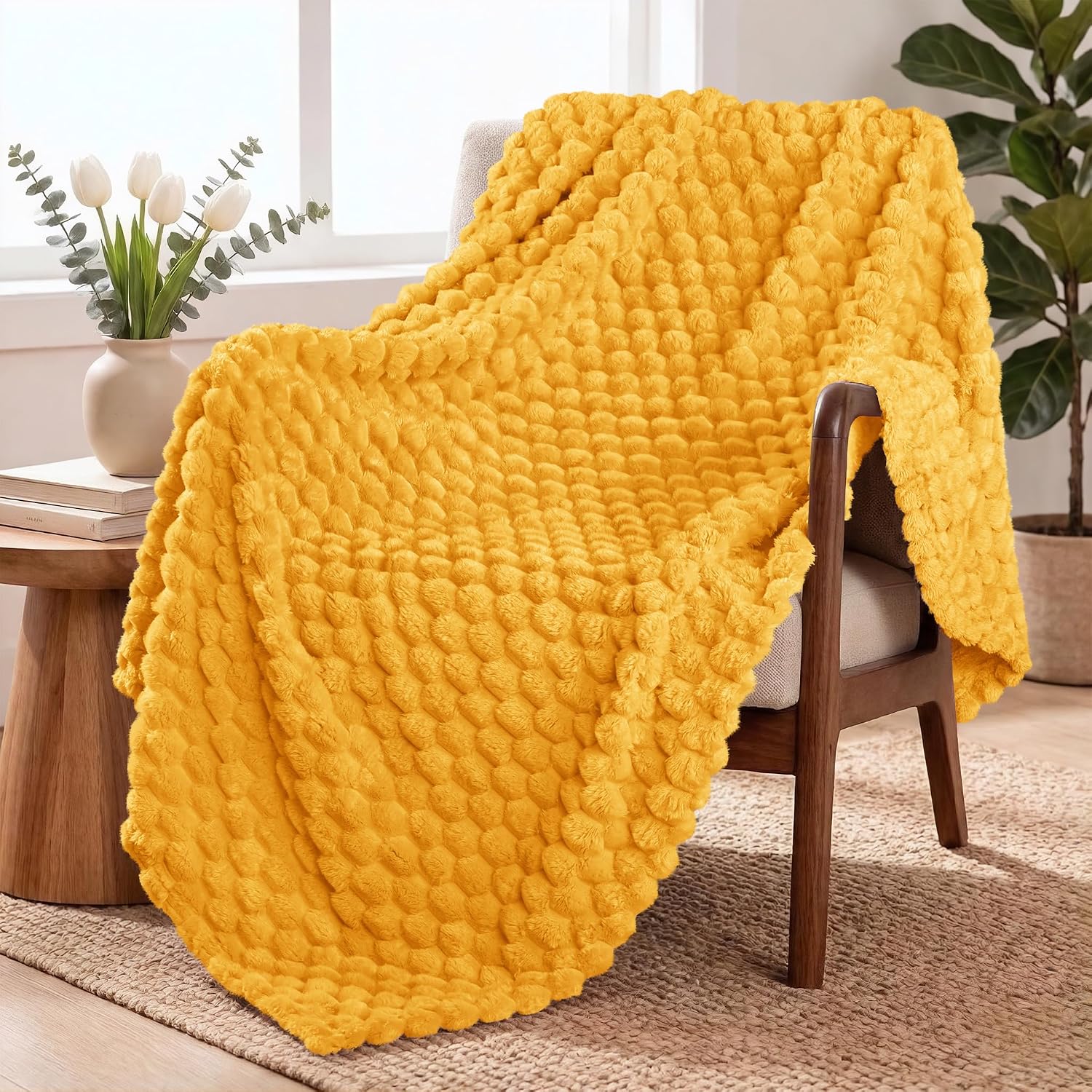 Exclusivo Mezcla Large 3D Fleece Throw Blanket for Couch, Mustard Yellow