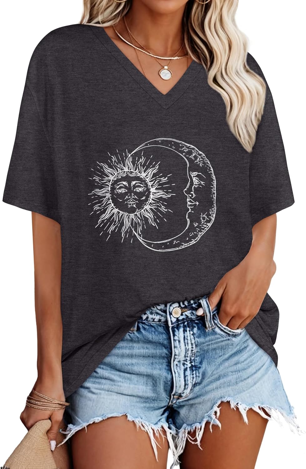 Oversized Tshirts for Women Graphic V Neck Short Sleeve Summer Casual Tops