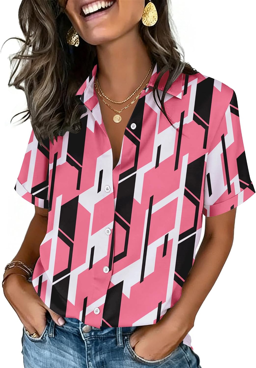 Zeagoo Button Down Shirts for Women Short Sleeve Tops Dressy Casual Blouses