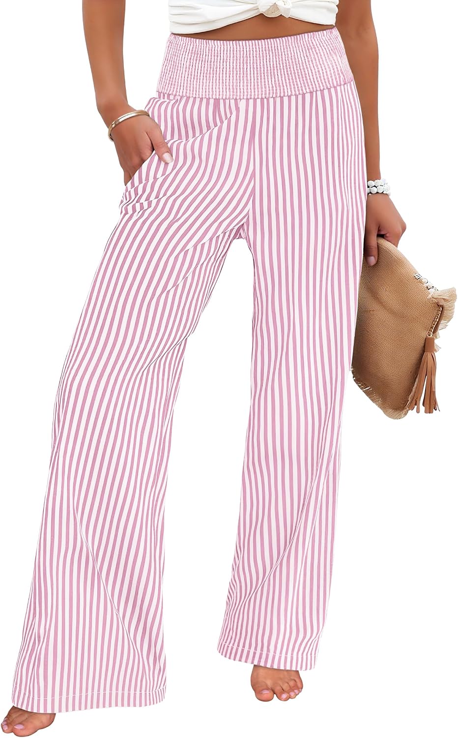 ANRABESS Womens Striped Gingham Wide Leg Palazzo Pants with Pockets