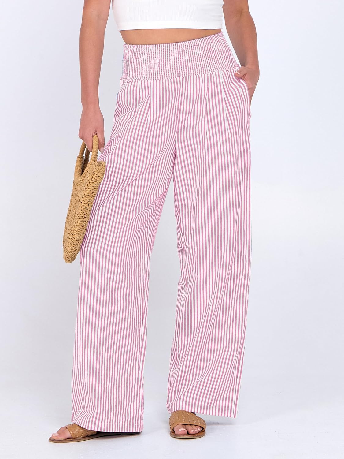 ANRABESS Womens Striped Gingham Wide Leg Palazzo Pants with Pockets - Image 2