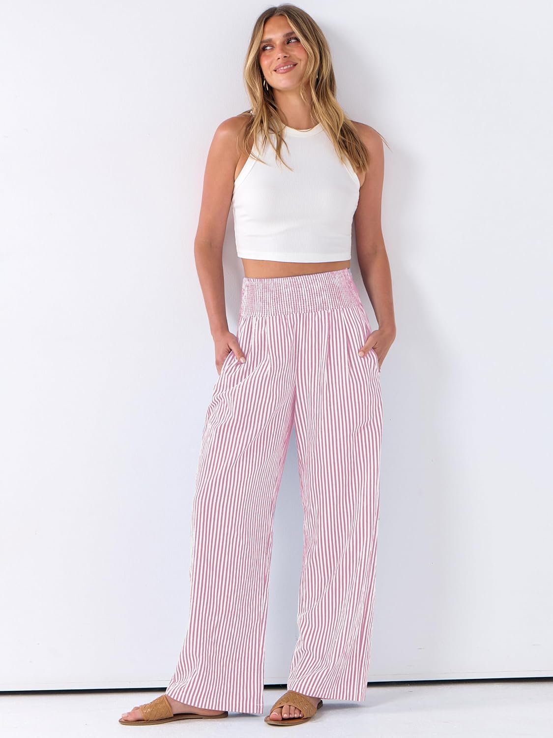 ANRABESS Womens Striped Gingham Wide Leg Palazzo Pants with Pockets - Image 3