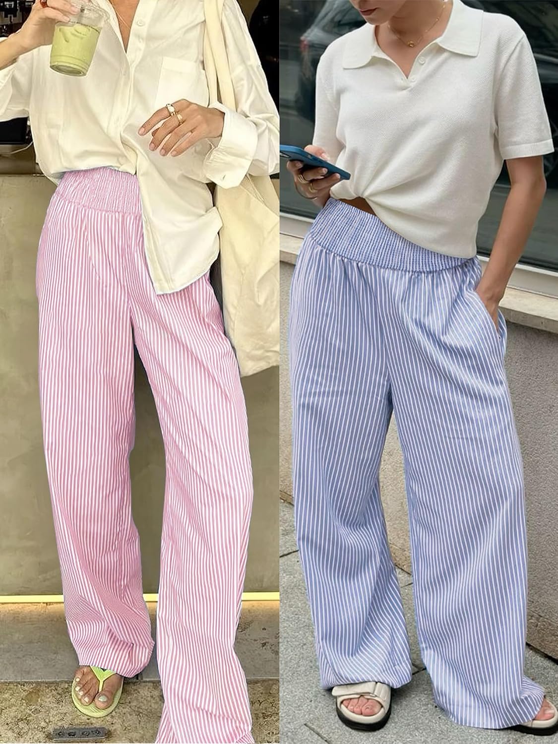 ANRABESS Womens Striped Gingham Wide Leg Palazzo Pants with Pockets - Image 7