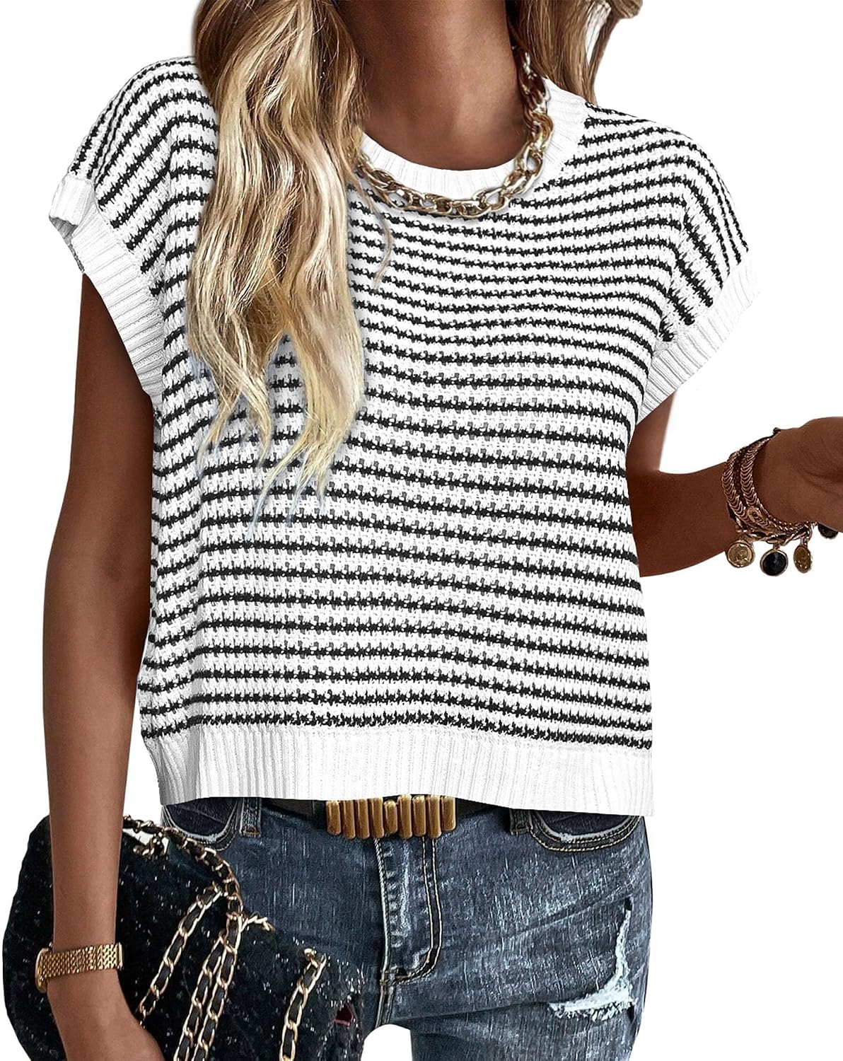 PRETTYGARDEN Women's Striped Short Sleeve Sweater Vest