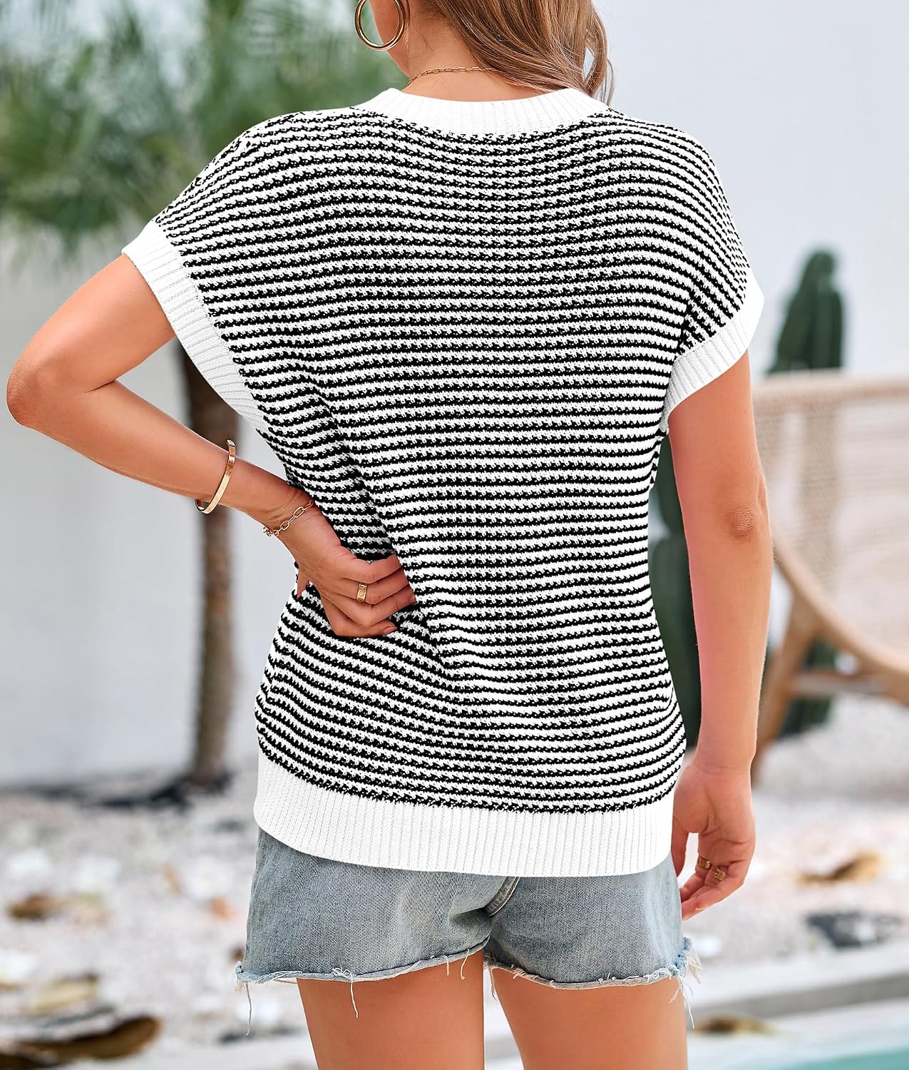 PRETTYGARDEN Women's Striped Short Sleeve Sweater Vest - Image 2