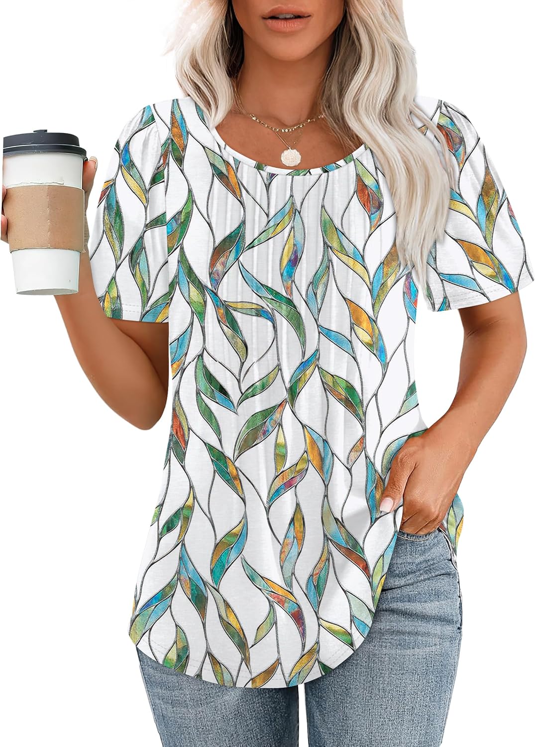 OFEEFAN Womens T Shirts Short Sleeve Pleated Dressy Casual Scooped Neck Summer Tops Blouses
