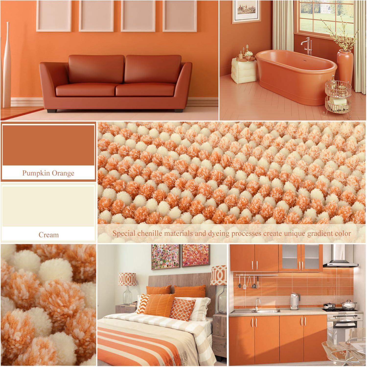 BSICPRO Fall Bathroom Rugs, 17x24 Chenille Bath Mats, Pumpkin Orange - Image 2