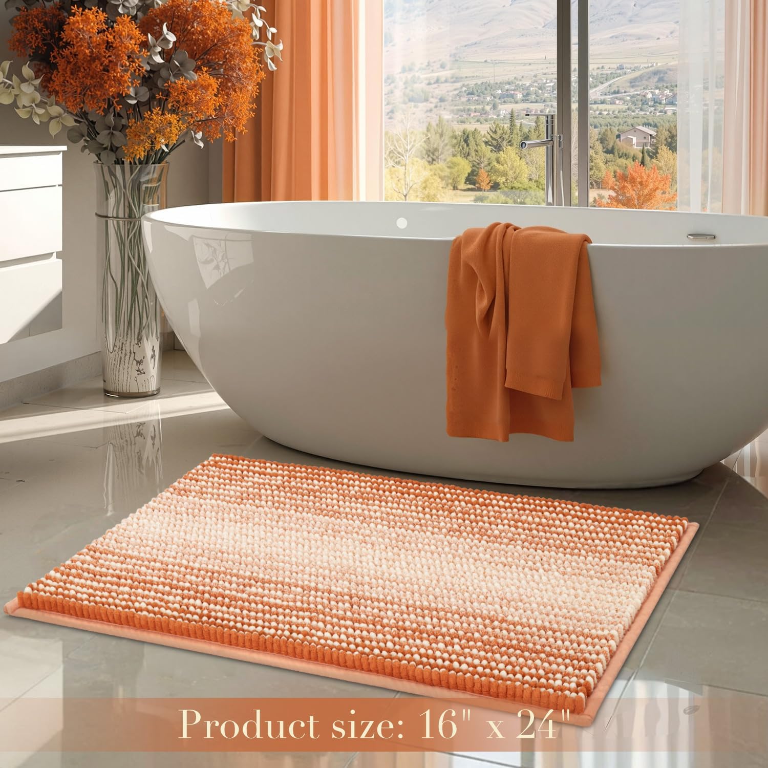 BSICPRO Fall Bathroom Rugs, 17x24 Chenille Bath Mats, Pumpkin Orange - Image 6