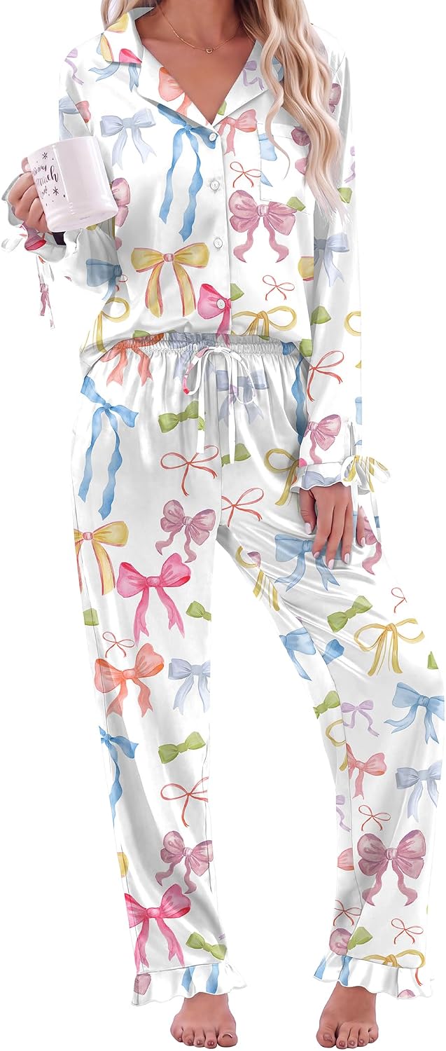 Ekouaer Satin Pajamas for Women Silky Long Sleeve Button Down Pajama Sets
