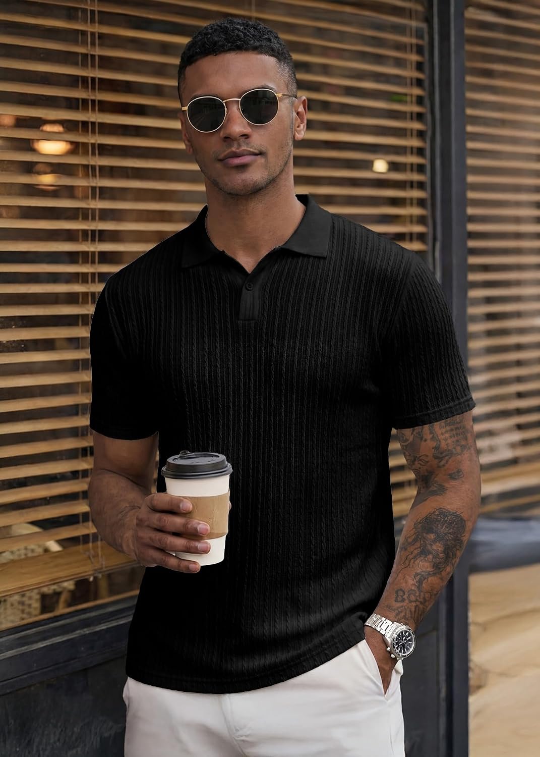 JMIERR Men's Textured Polo Shirt Short Sleeve - Image 3